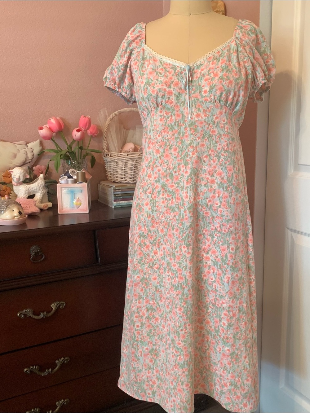 MONTEAU Floral Puff-Sleeve Coquette Peasant Dress - Pink & Green